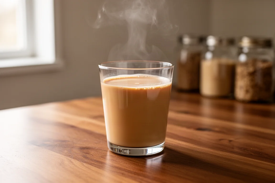 Verre de boisson lactée chaude caramélisée sur une table de cuisine