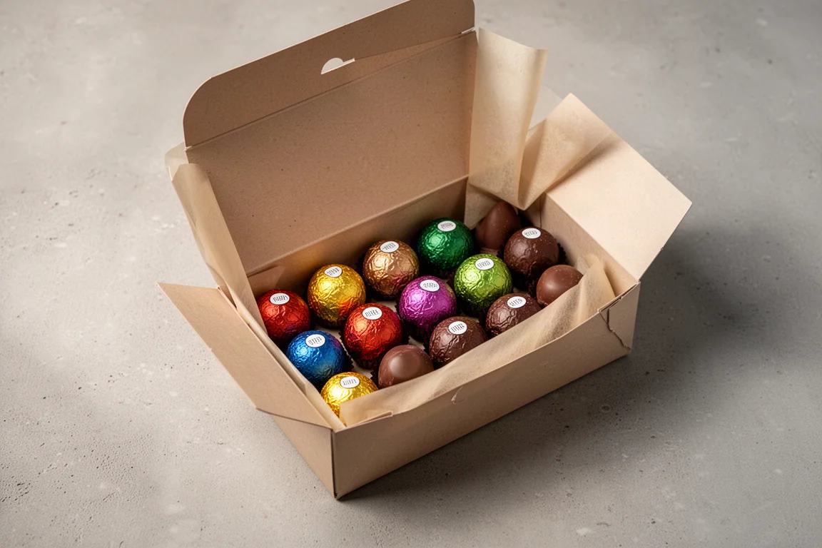 Assortiment coloré de truffes au chocolat dans une boîte cadeau réutilisable