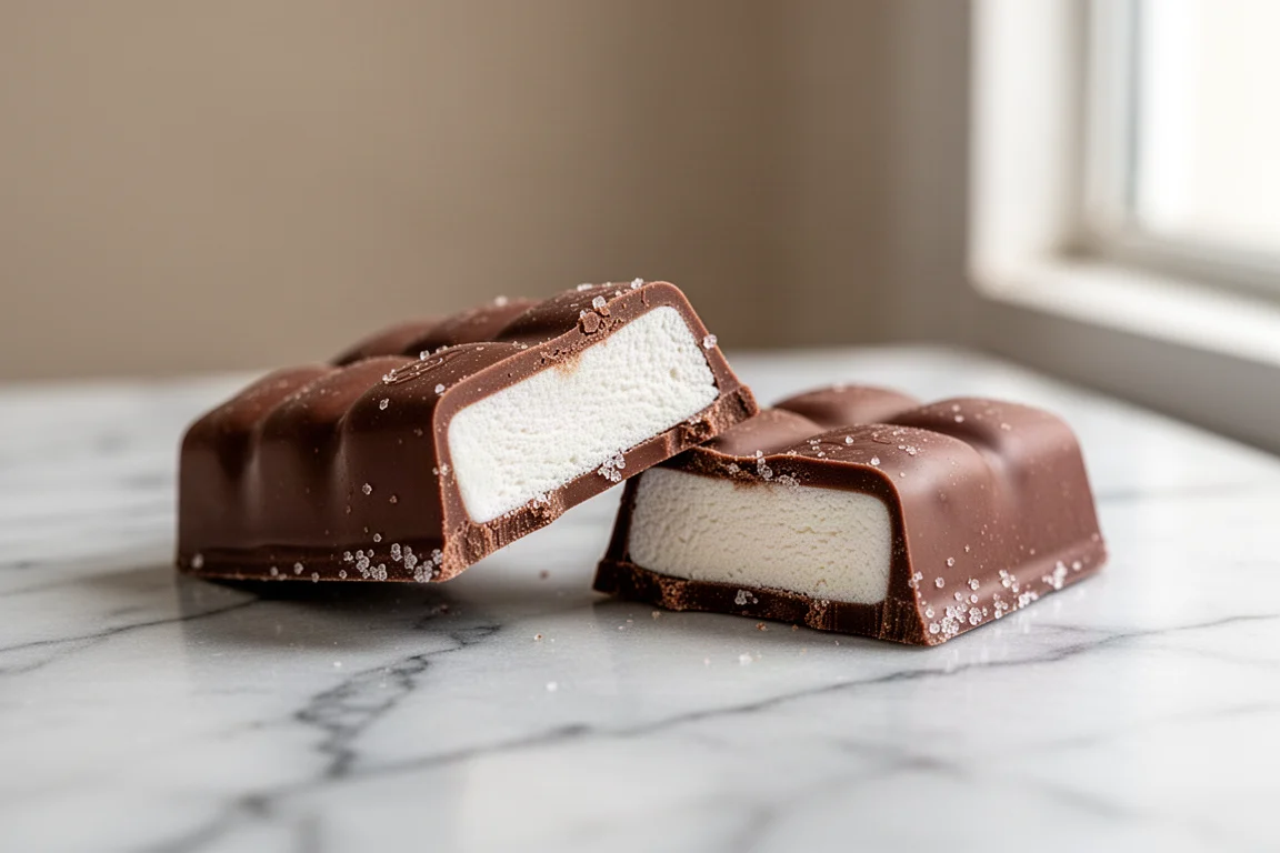 Tablette de chocolat au lait et guimauve ouverte avec la garniture moelleuse visible