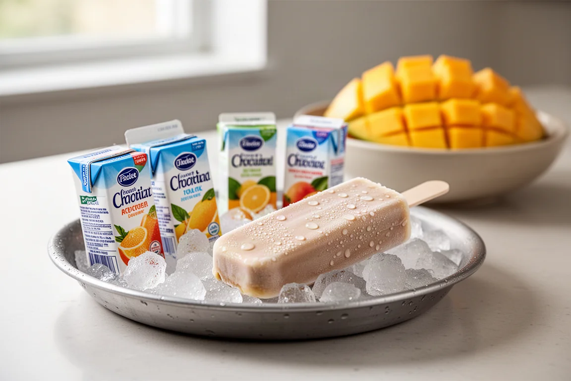 Kalte Proteindrinks und ein Kulfi-Stiel kühlen sich auf Eis auf einer Küchenzeile