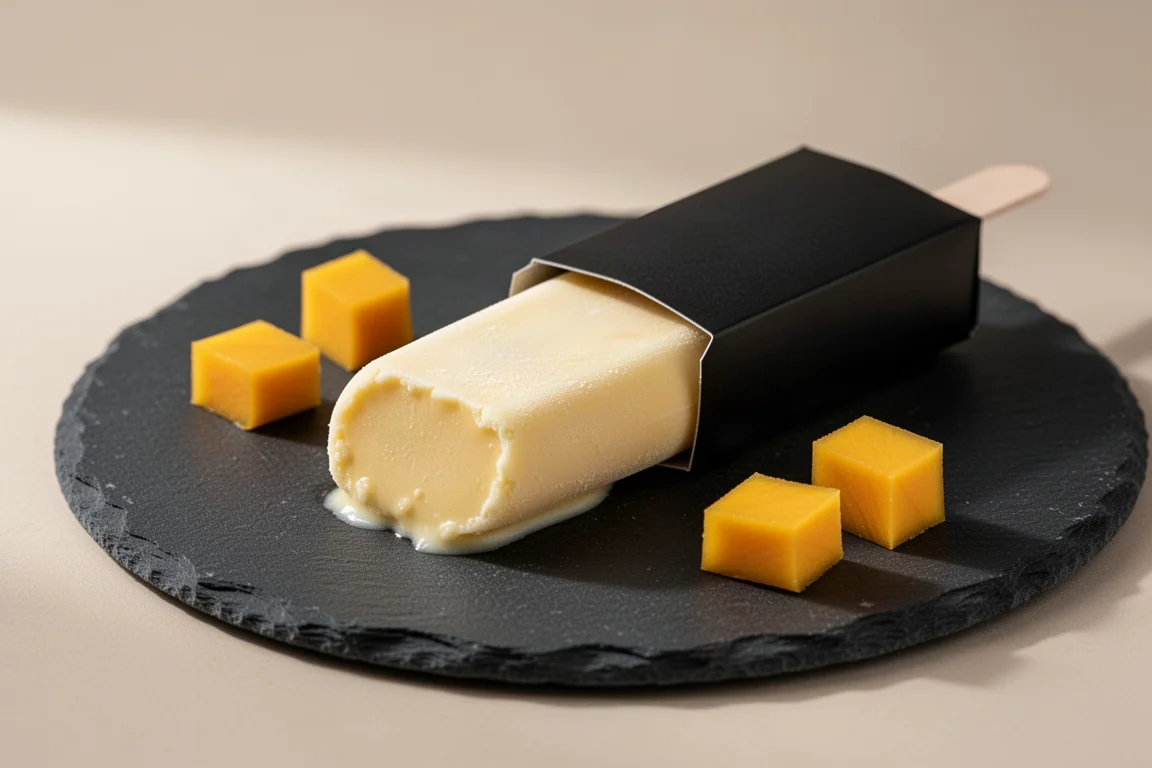 Nahaufnahme eines teilweise ausgepackten Mango-Kulfi-Stiels auf dunklem Teller