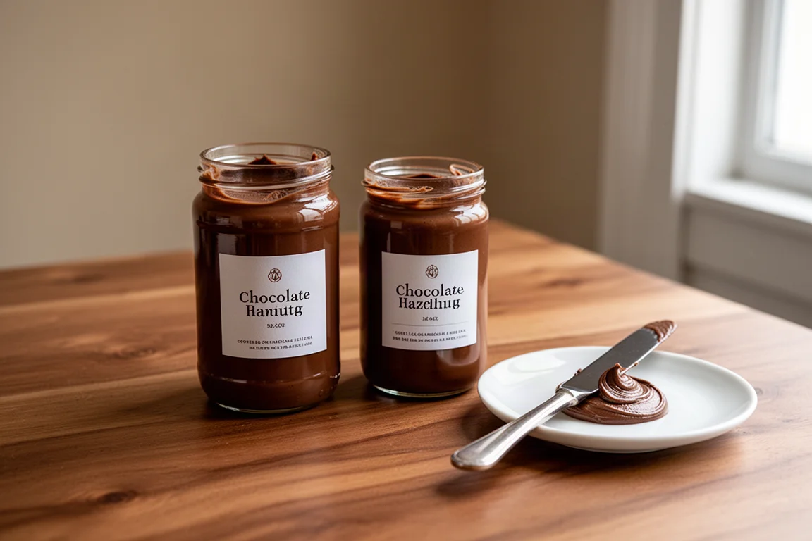 Zwei Gläser Haselnuss-Schokoladencreme nebeneinander auf einem Holztisch