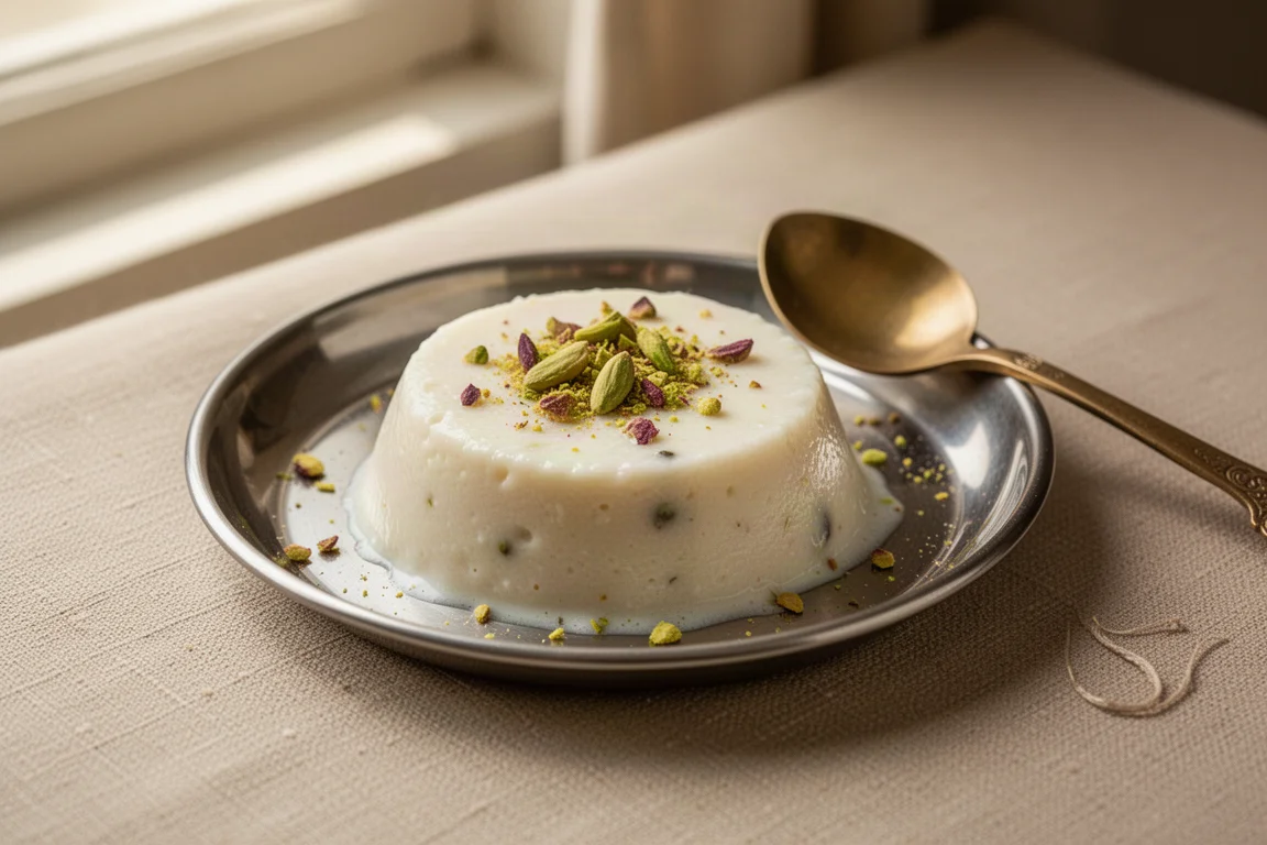 Ein Löffel traditionelles indisches Dessert auf kleinem Stahlteller serviert
