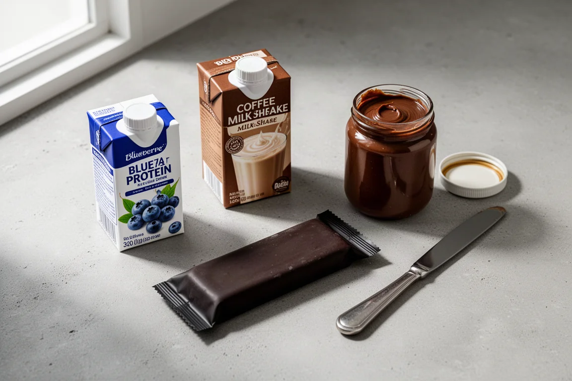 Assorted protein drinks, kulfi bar and chocolate hazelnut spread arranged on a concrete surface