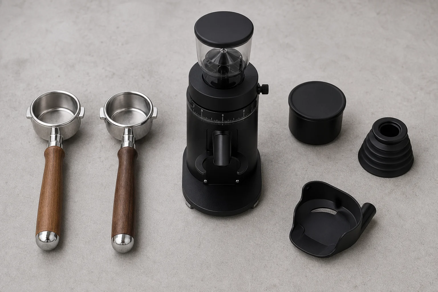 AMZCHEF grinder with accessories including portafilter holders, catch cup, and bellows