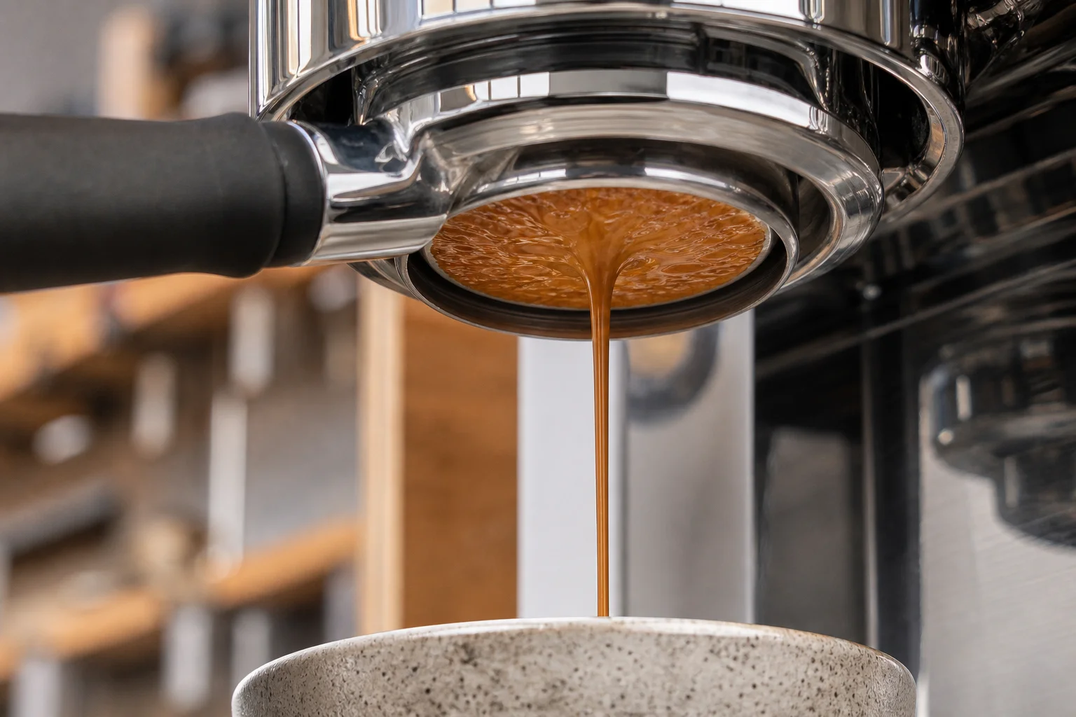 Espresso extraction from bottomless portafilter showing smooth flow and well-distributed grounds