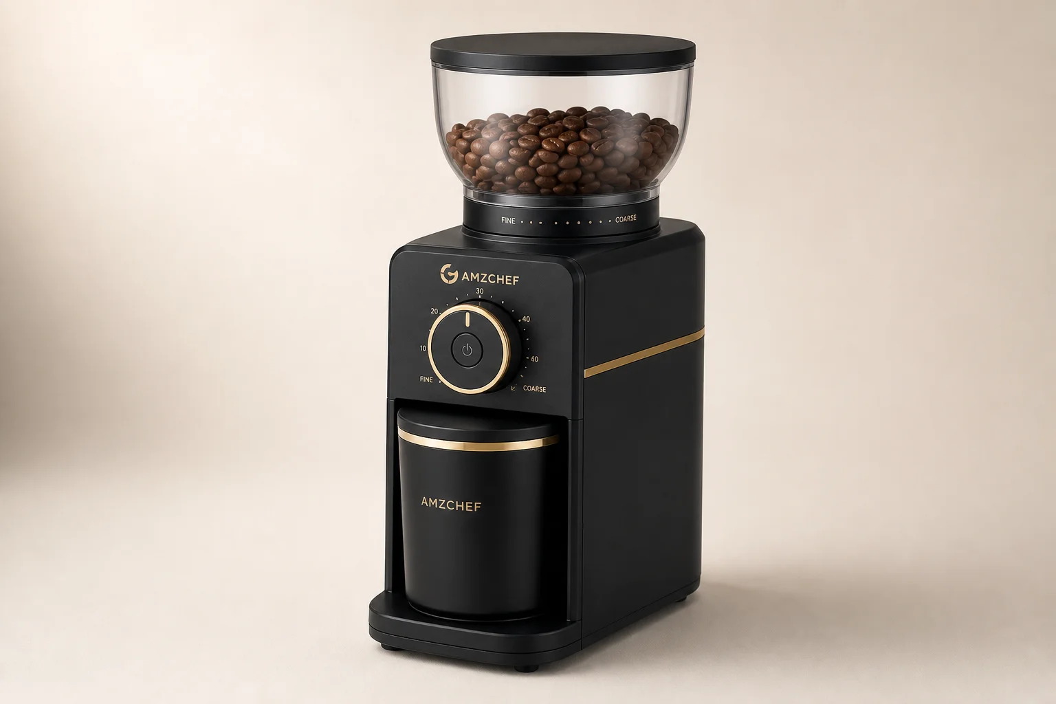 AMZCHEF electric coffee grinder with black body and gold accents on neutral backdrop