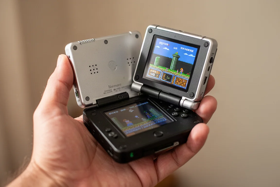 ユーザーの手の中で回転画面を開いたハンドヘルドゲーム機