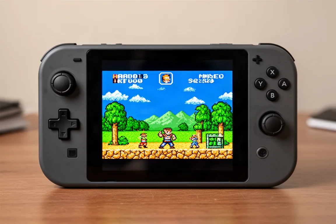 黒いバーが表示されたレトロゲームを表示するハンドヘルドの正方形画面