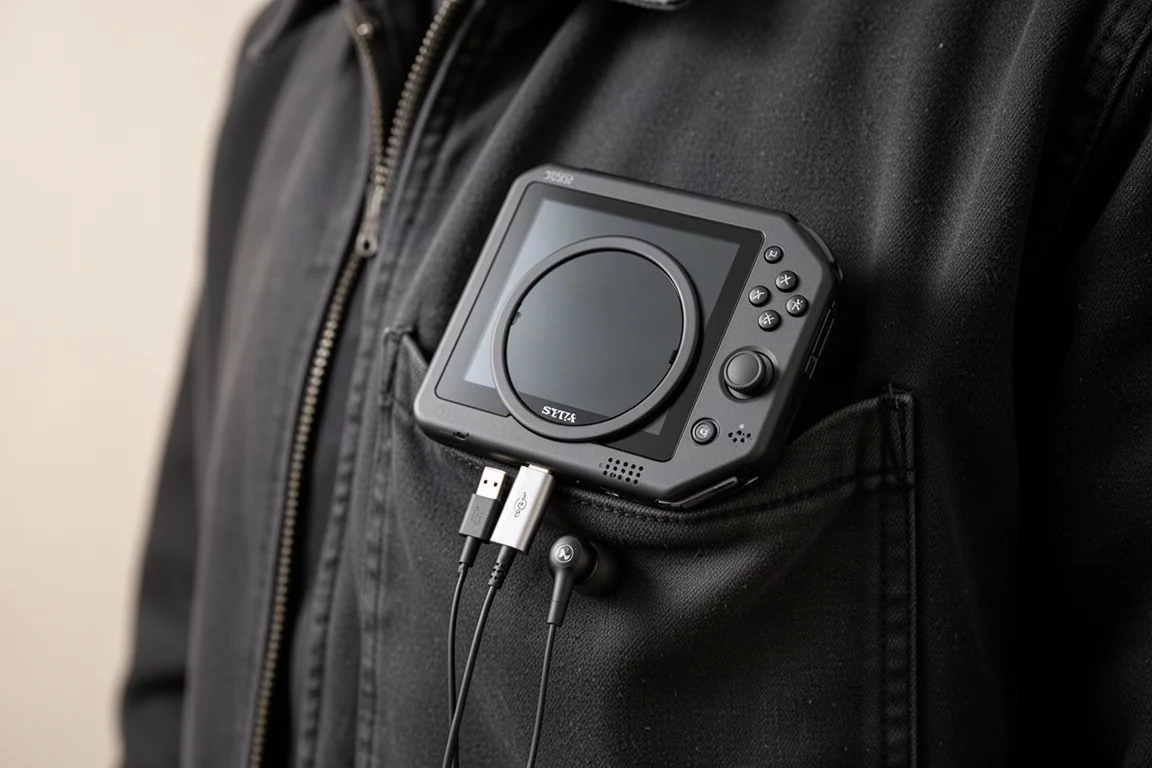 USB-Cオーディオドングルを装着したハンドヘルドゲーム機がポケットに収まっている様子