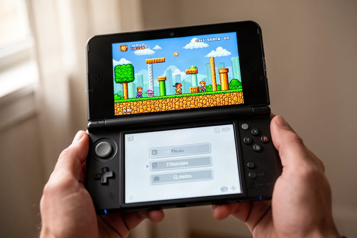 Dispositivo de jogos portátil com telas duplas exibindo um jogo retrô e um menu