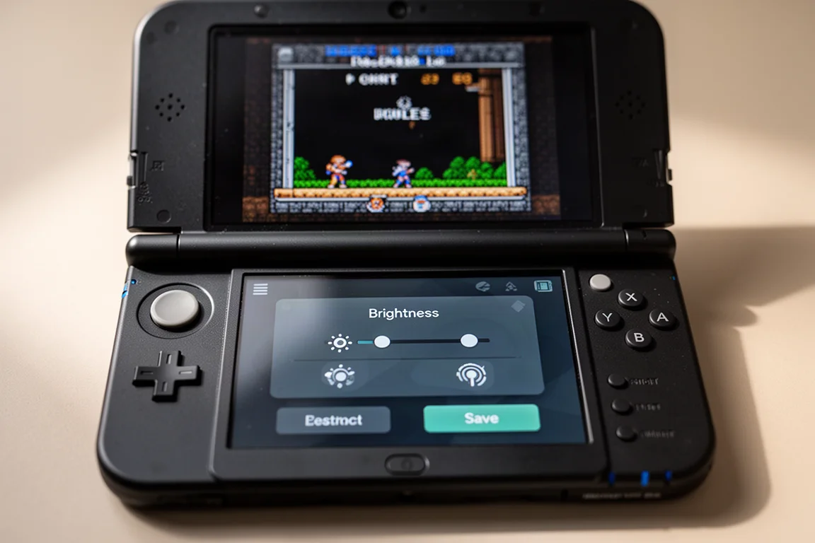 Close-up de um dispositivo de jogos portátil mostrando um menu virtual na tela de toque inferior