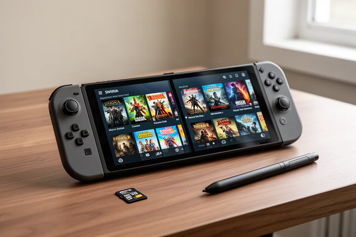 Dispositivo de jogos portátil exibindo uma biblioteca de jogos com capas de arte em ambas as telas