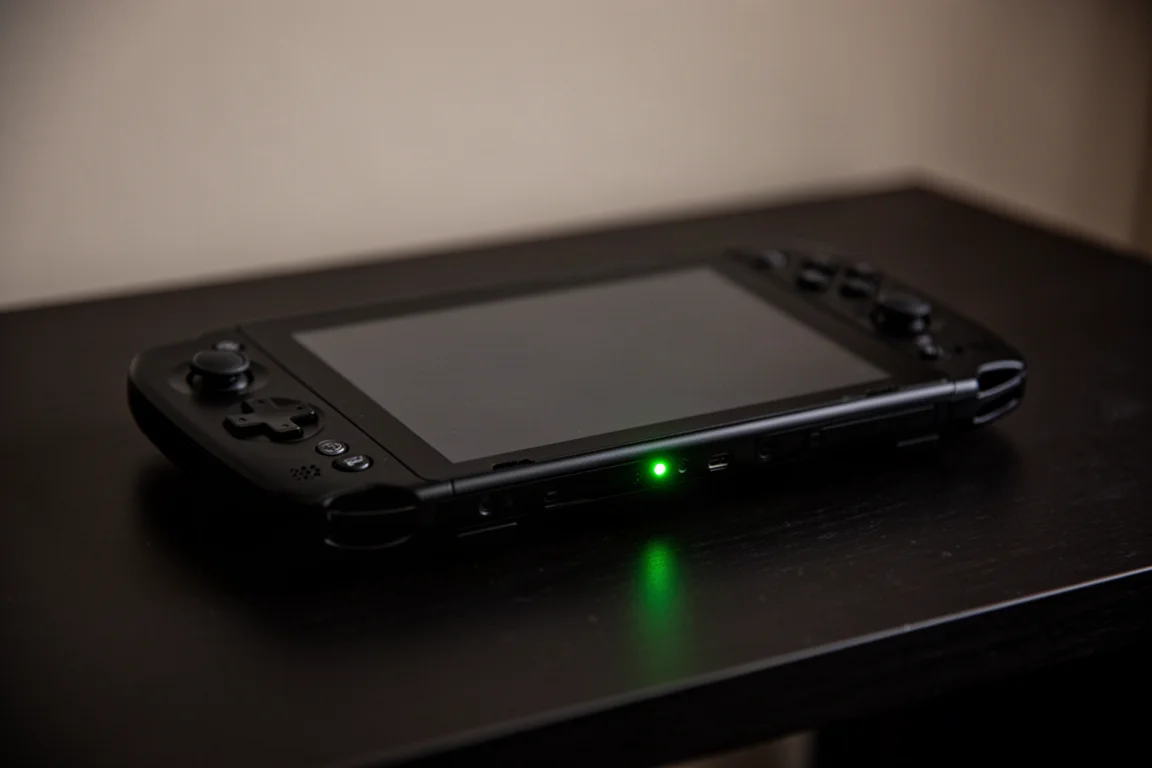 Dispositivo de jogos portátil com uma luz indicadora LED verde acesa após o desligamento