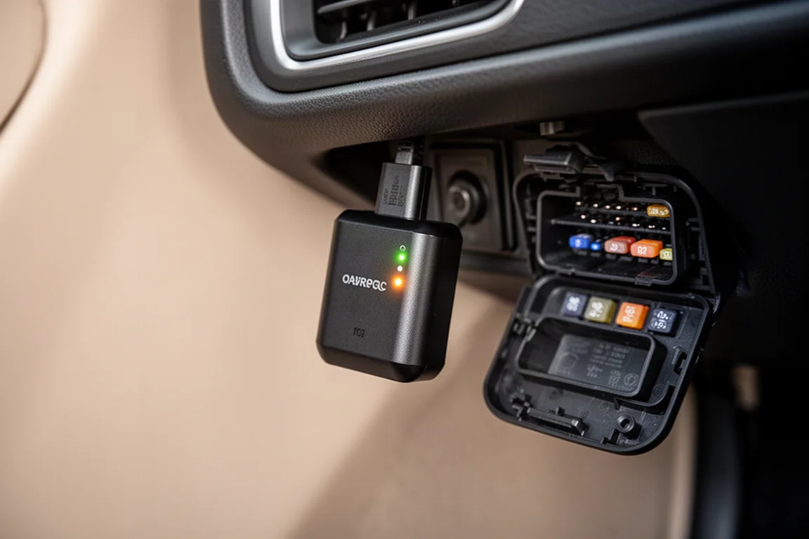 Bluetooth OBD2-adapter aangesloten op de diagnosepoort van een voertuig onder het dashboard