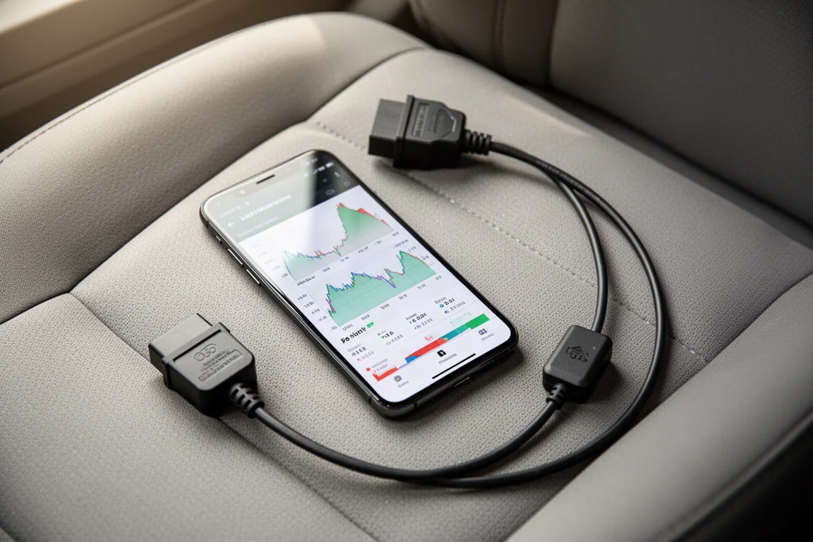 Smartphone die live voertuigdiagnosedata toont tijdens een batterijcontrole
