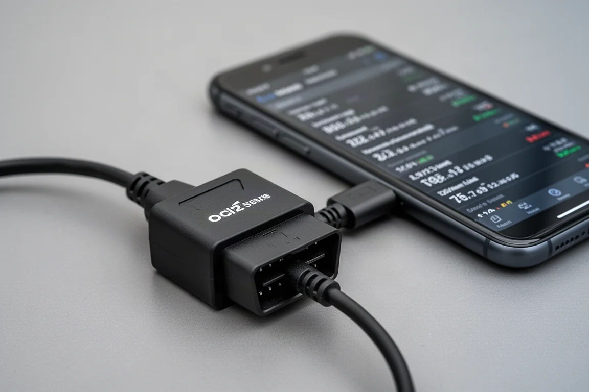 OBD2-adapter verbonden met een auto terwijl live sensorgegevens op een telefoon worden bekeken
