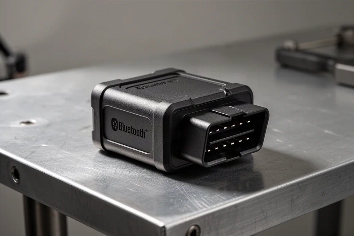 Compact black Bluetooth OBD2 adapter on a brushed aluminium workbench