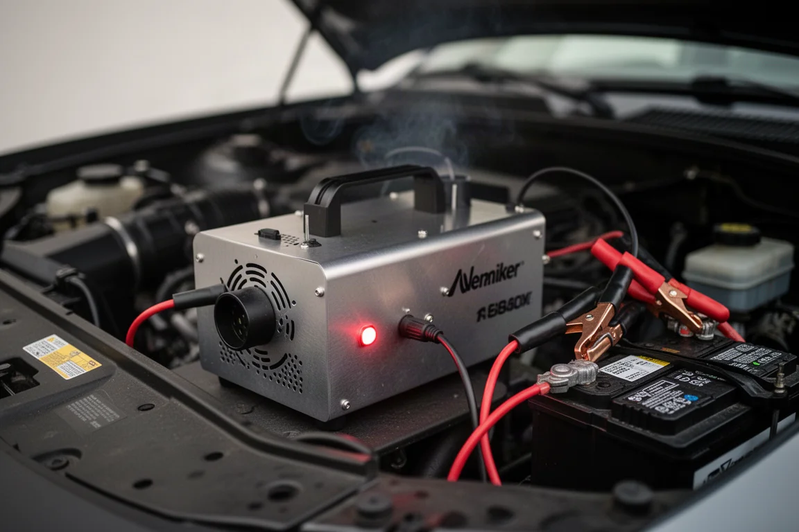 Rookmachine verbonden met een autobatterij via geïsoleerde klemmen, rode indicator brandt