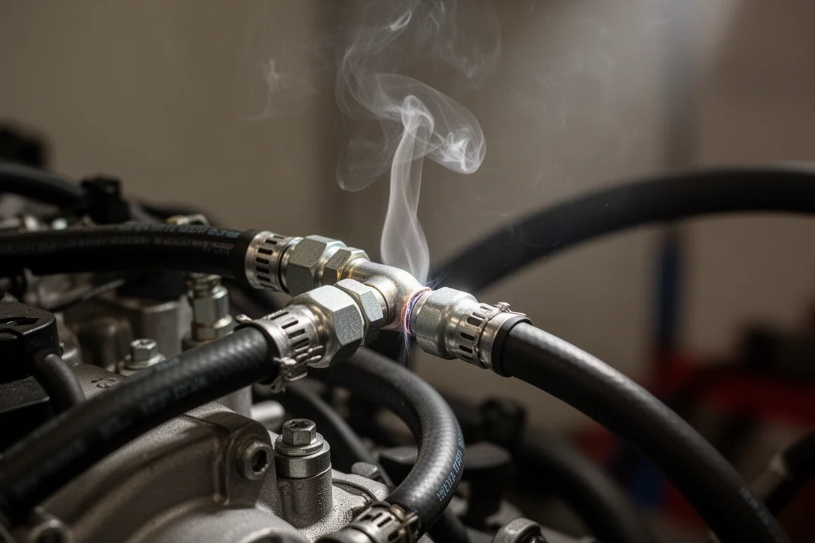 Rook die een klein lek rond een vacuumslangverbinding in een motorblok zichtbaar maakt