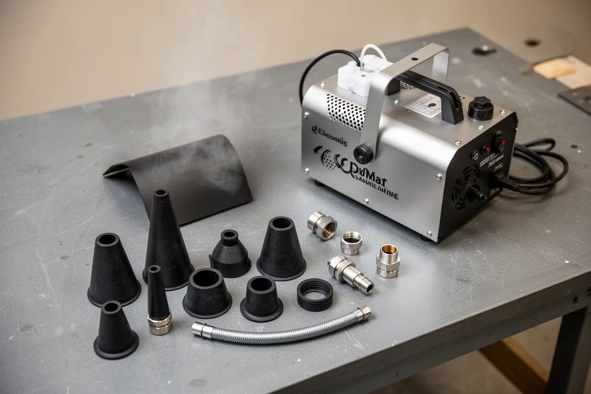 Diverse slangentrechters en adapterfittingen naast een rookmachine op een werkbank