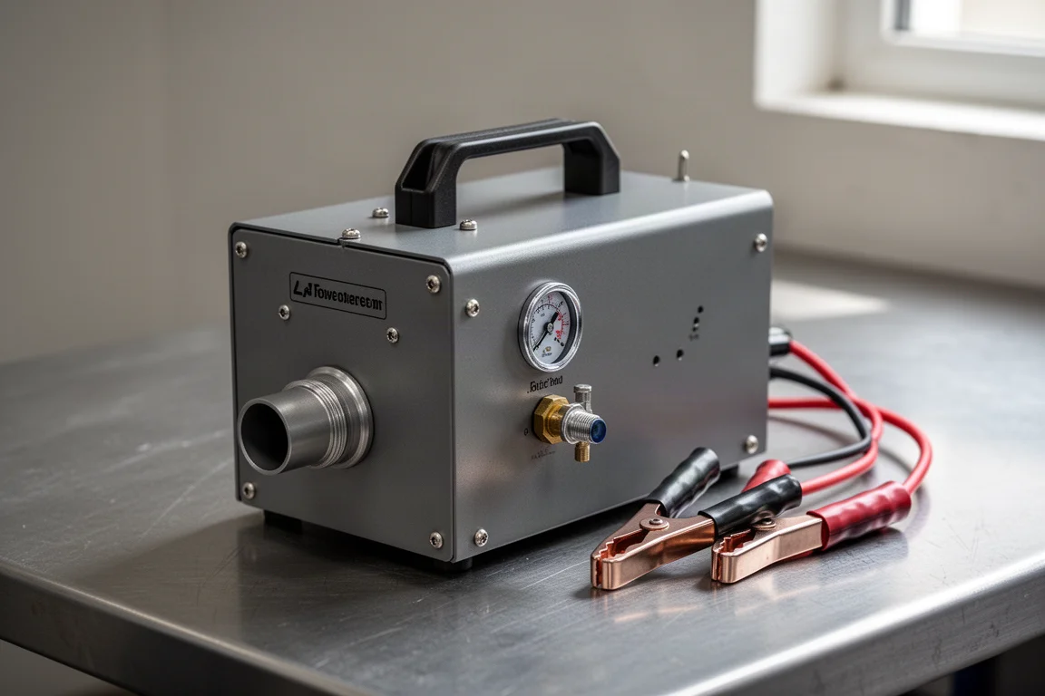Compact ANCEL S100 smoke machine leak detector on a workbench with battery clips