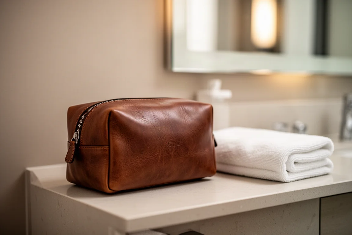 Brown leather toiletry bag sitting on a hotel bathroom counter beside a towel rack