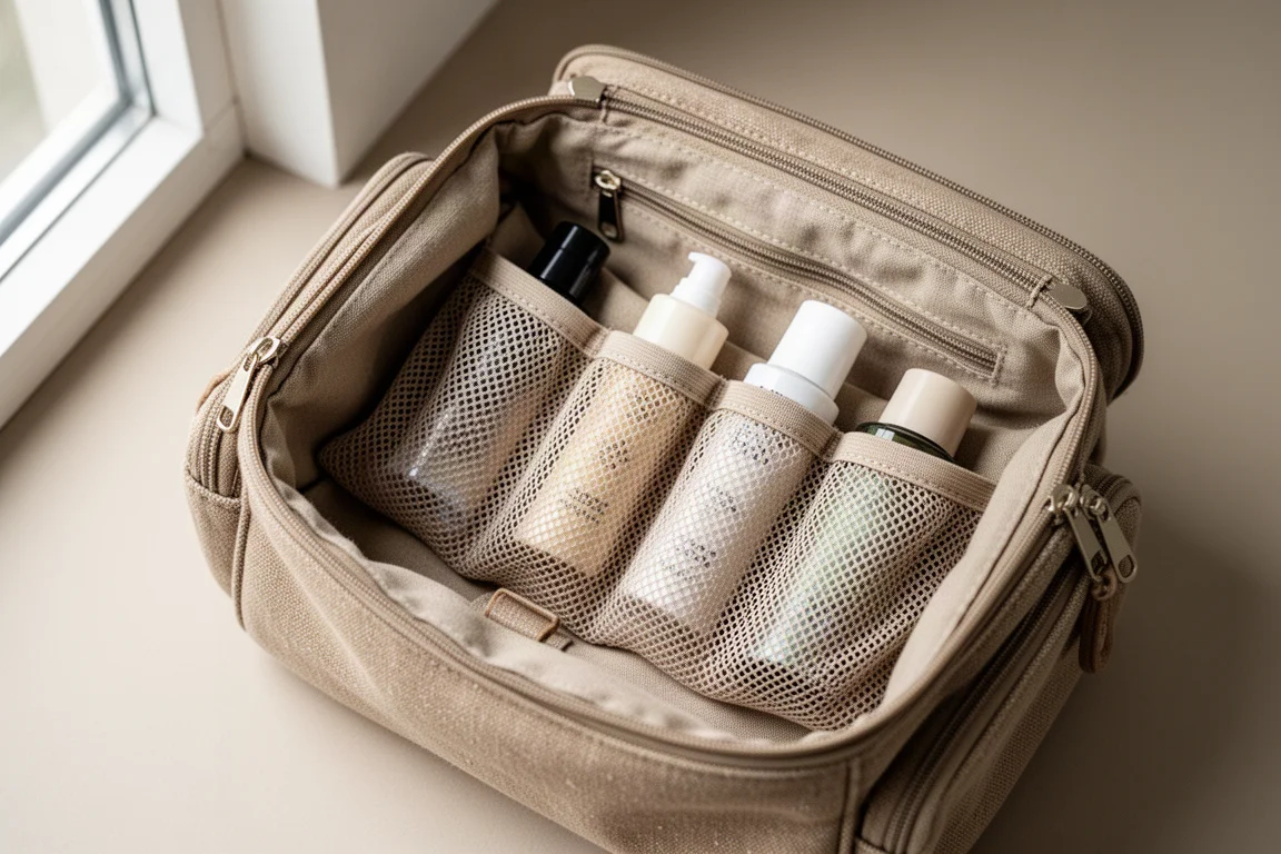 Open toiletry bag with mesh elastic pockets and zippered side compartments visible