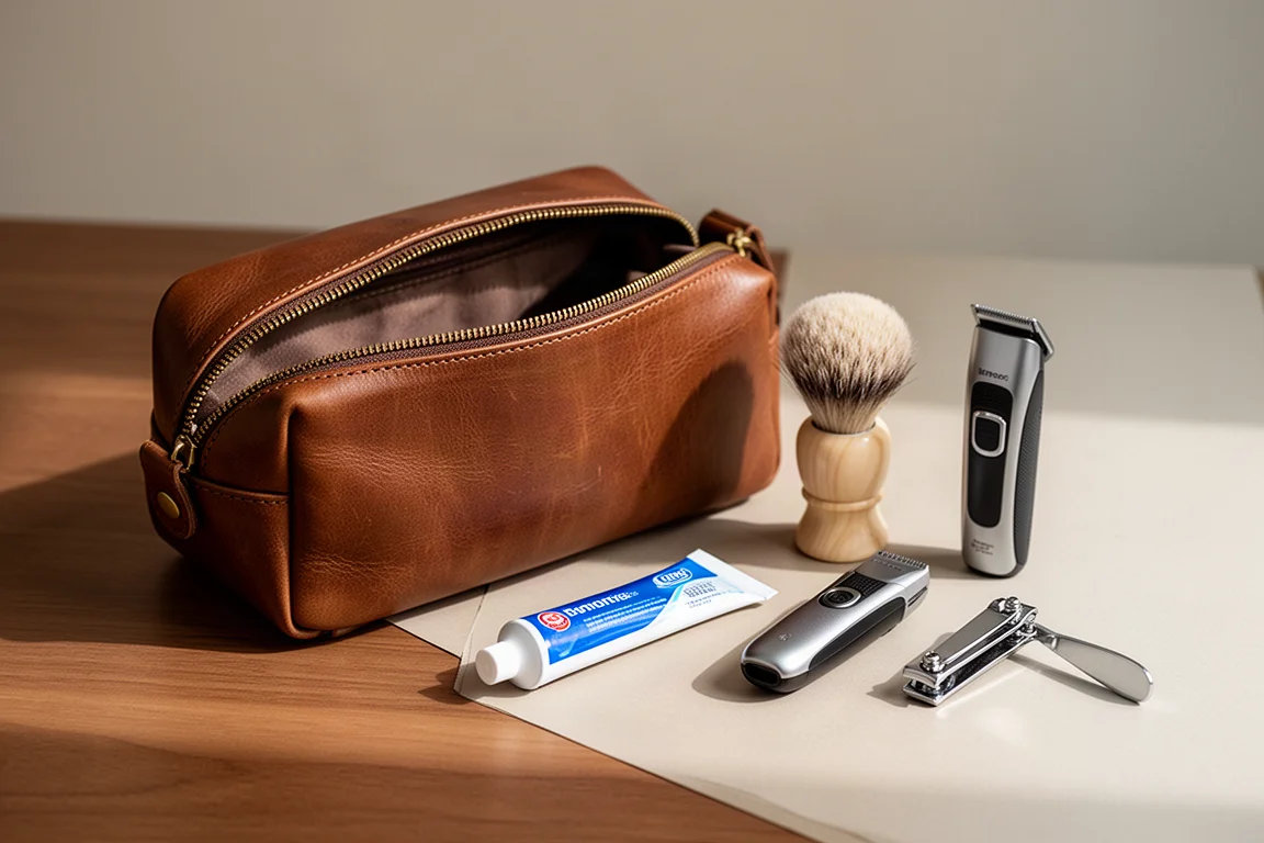 Toiletry bag filled with everyday grooming items like toothpaste and a brush