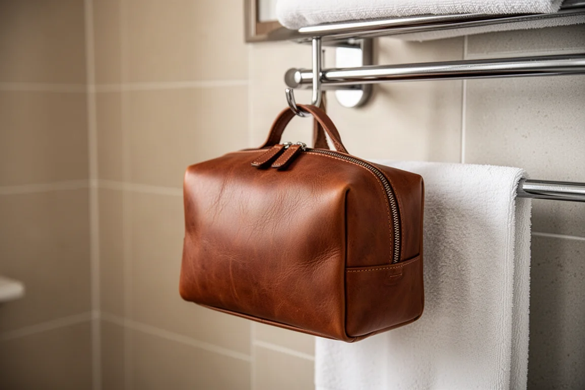 Leather toiletry bag hanging from a hook on a hotel towel rack