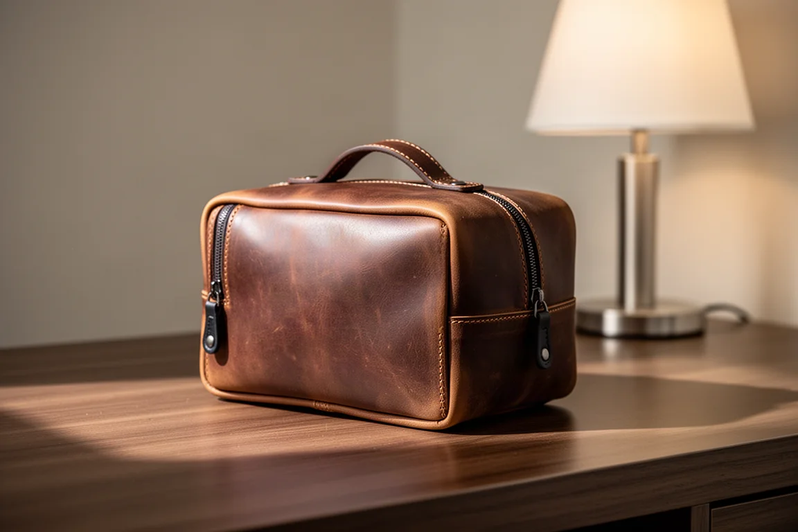 Beauty case in pelle full grain marrone su una scrivania in legno con luce calda di sfondo