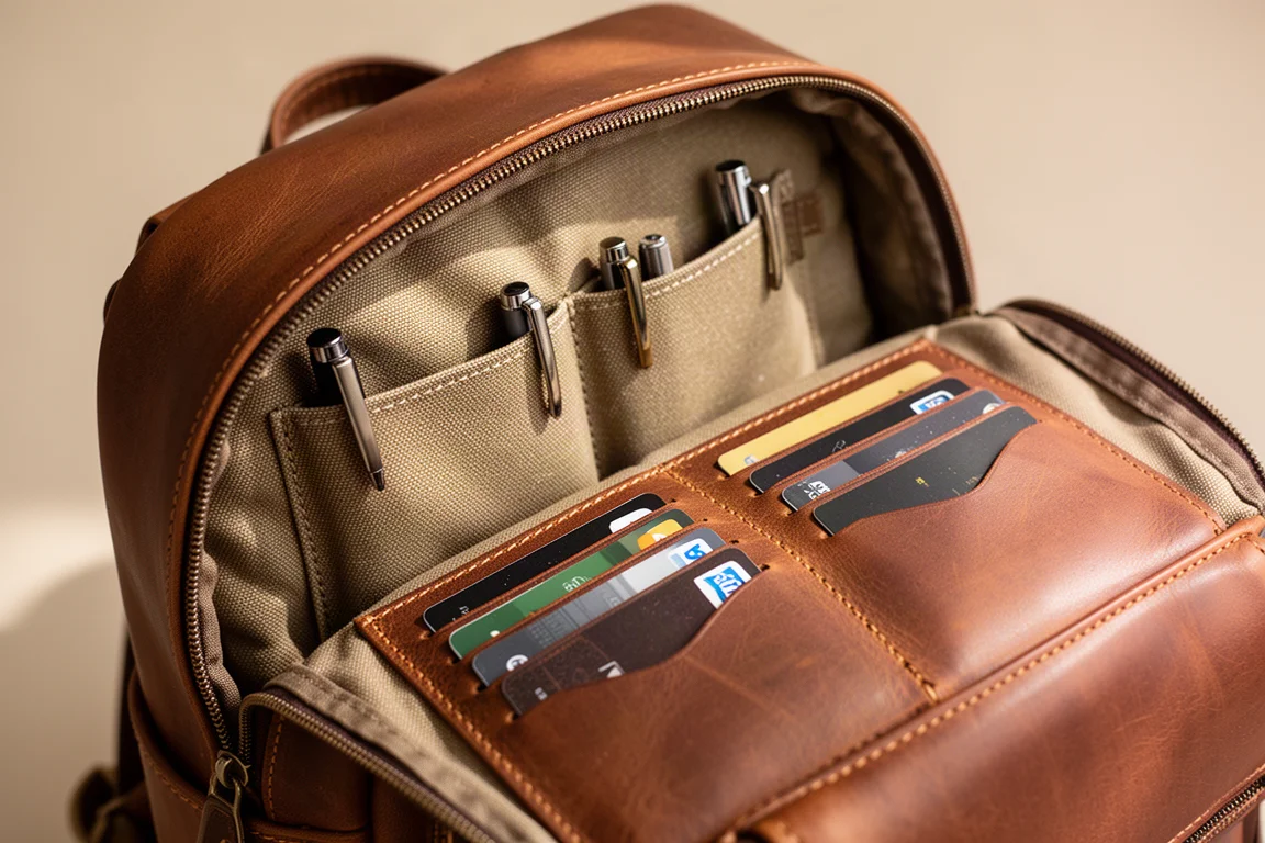 Open front compartment of a leather backpack showing card slots and pen pockets