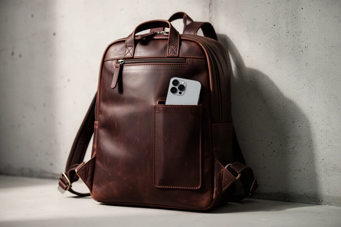 Hidden back pocket of a leather backpack with a phone sliding inside