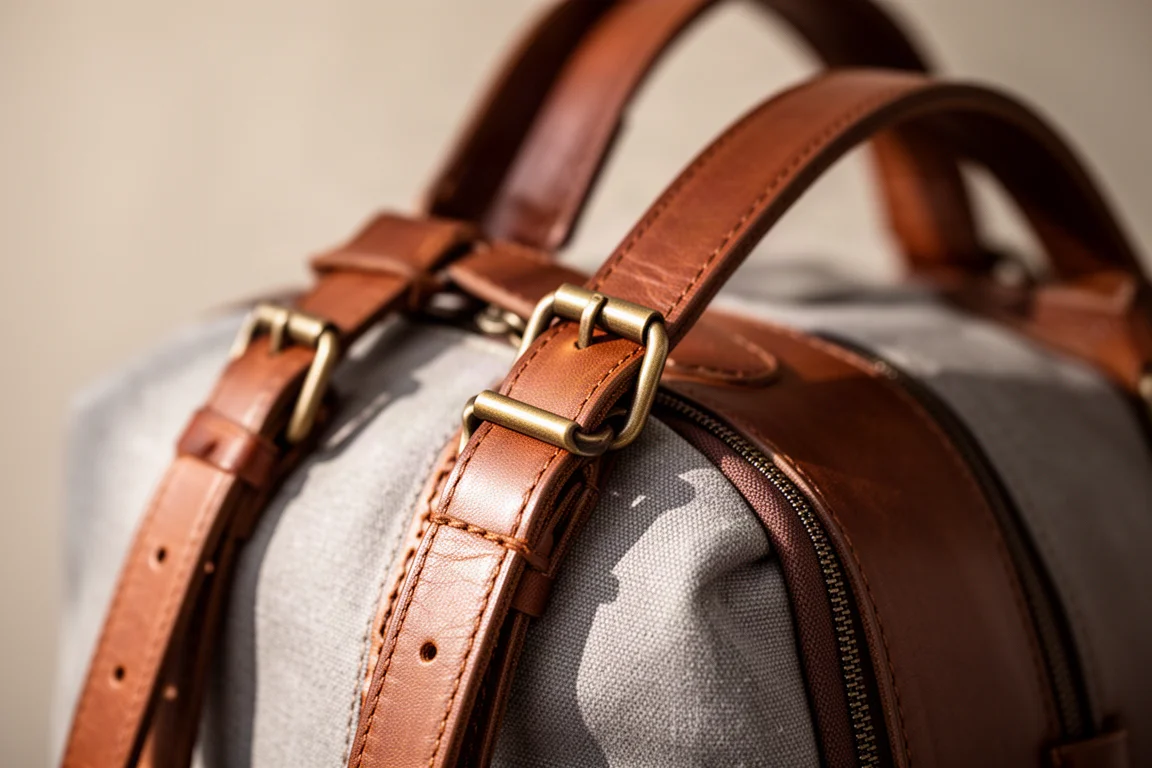 Leather backpack straps with bronze-tone adjustment hardware in soft light