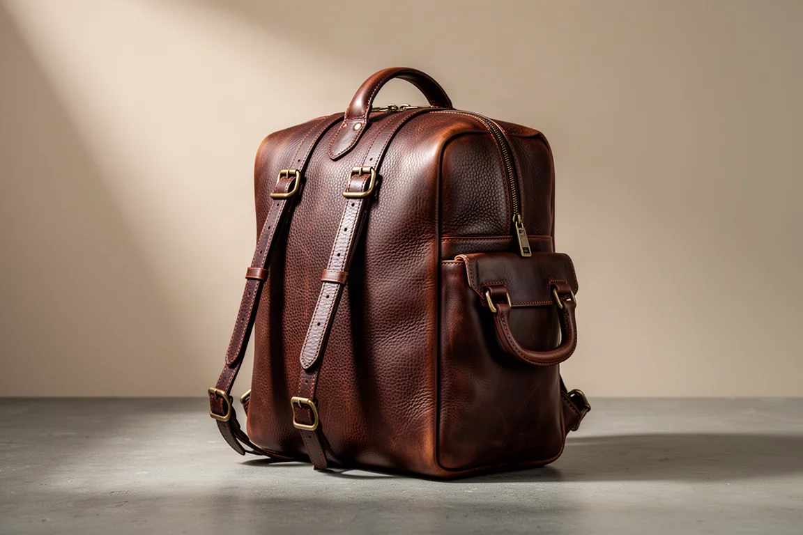 Zaino in pelle marrone full grain appoggiato su una superficie di cemento con luce soffusa