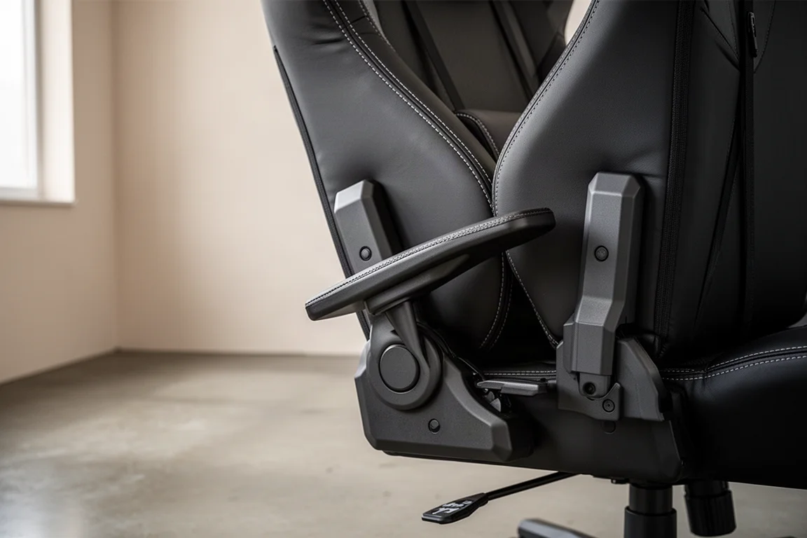 Rugleuning van een gaming-stoel naar voren geleund in een autostoel-achtige verstelling