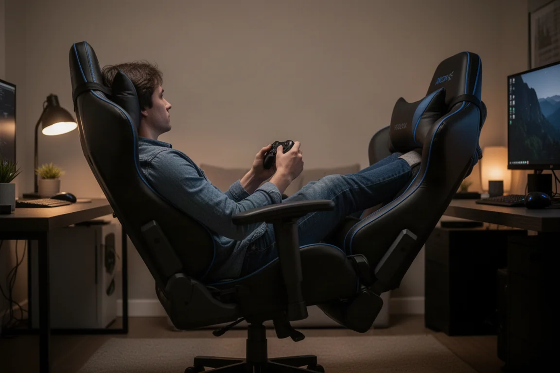 Persoon ontspant in een achterover geleunde gaming-stoel met benen omhoog en een controller in de hand