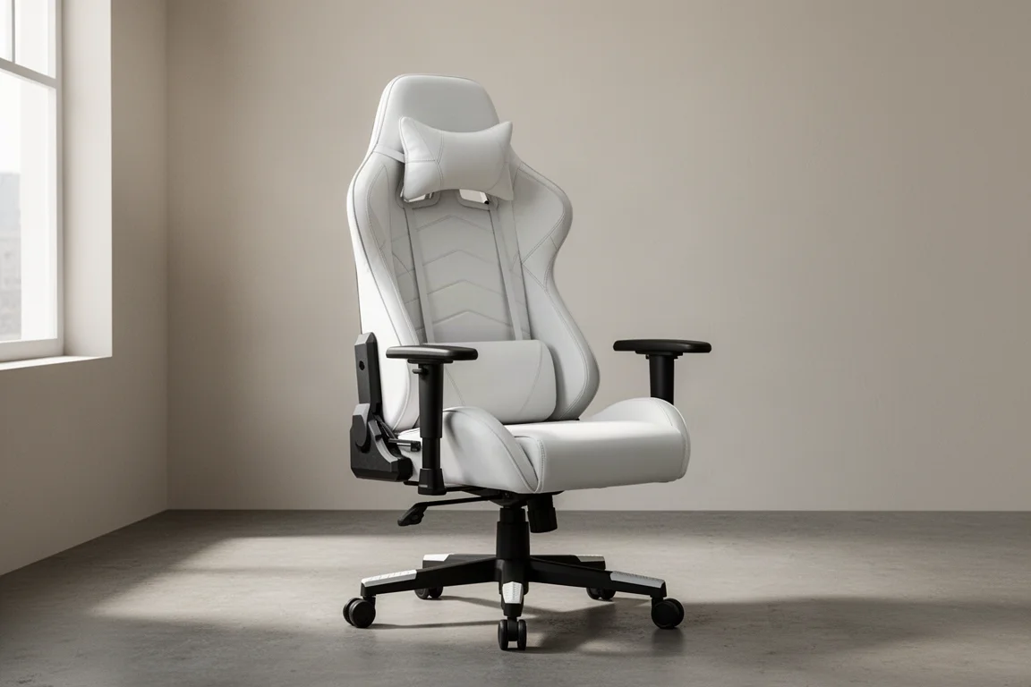White executive-style gaming chair with padded bolsters and headrest pillow on a concrete floor