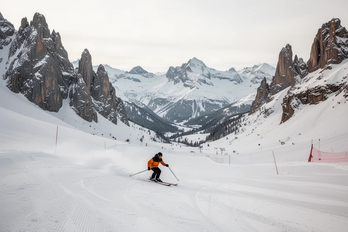 Sciatore su una pista alpina in alta montagna con cime frastagliate sopra il limite degli alberi