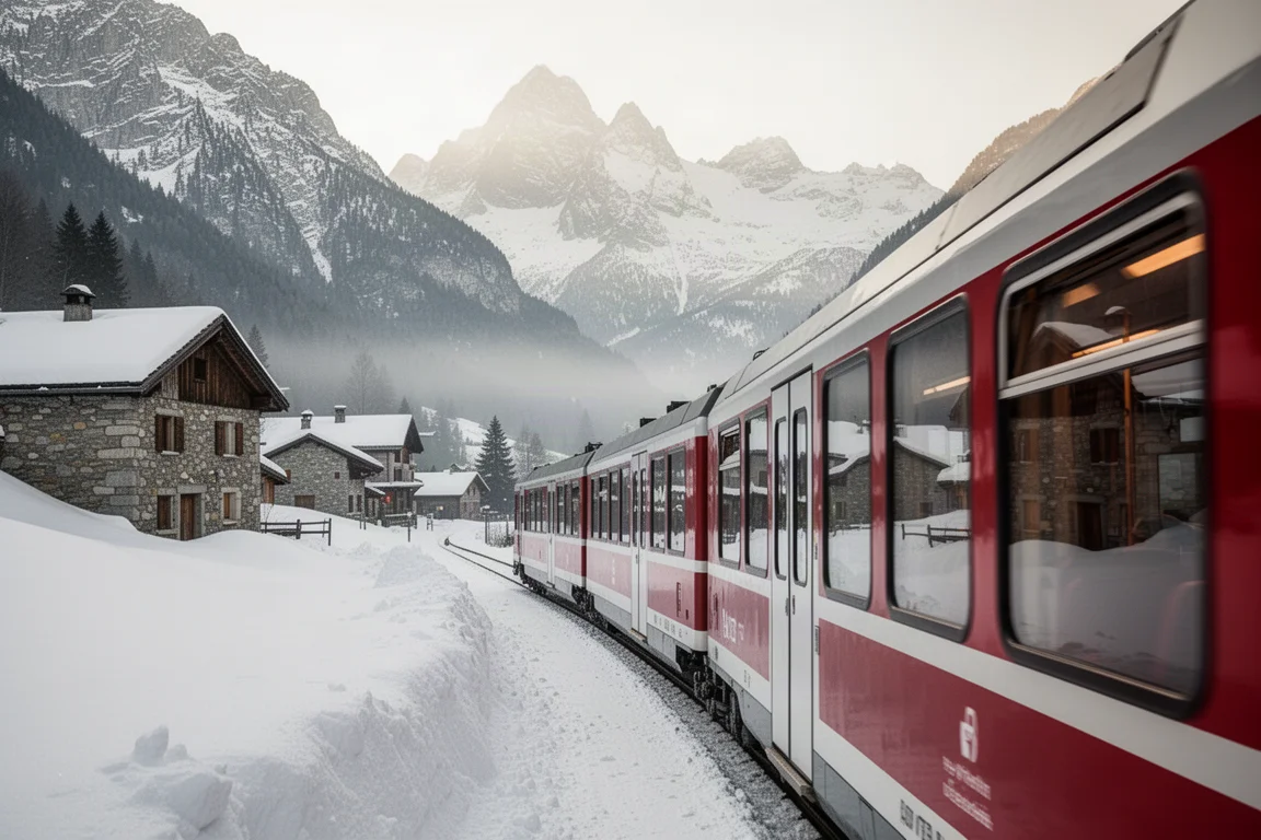 Tranquillo treno alpino che attraversa una valle montana svizzera innevata