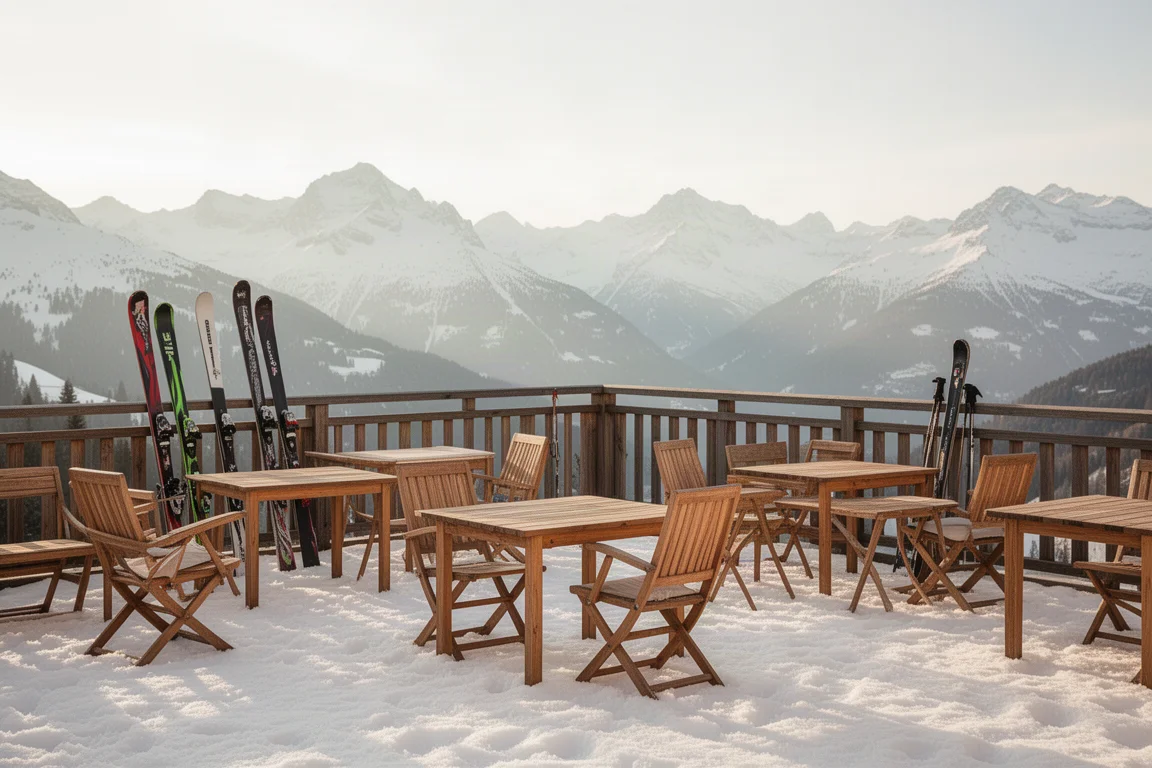 Ospiti che si rilassano su una terrazza esterna soleggiata di un rifugio in montagna