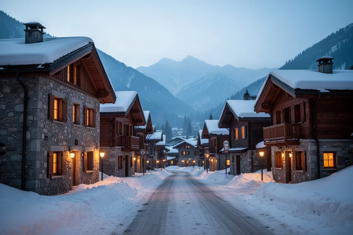 Strada innevata di un sobrio villaggio alpino al tramonto con luci calde