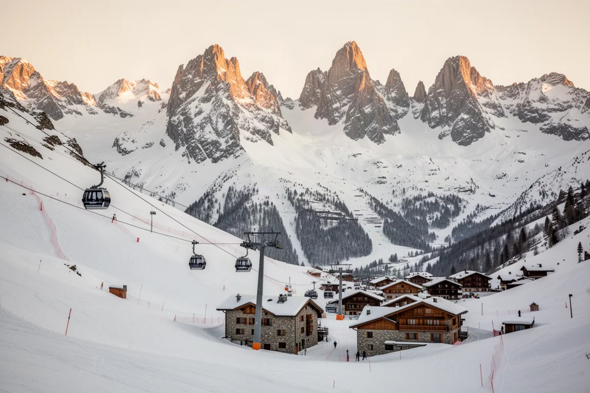 Wide snowy Swiss alpine ski area with gondola cables above a small village