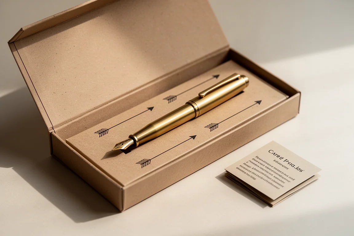 Penna stilografica in ottone appoggiata su un supporto in cartone minimalista con inserti di carta