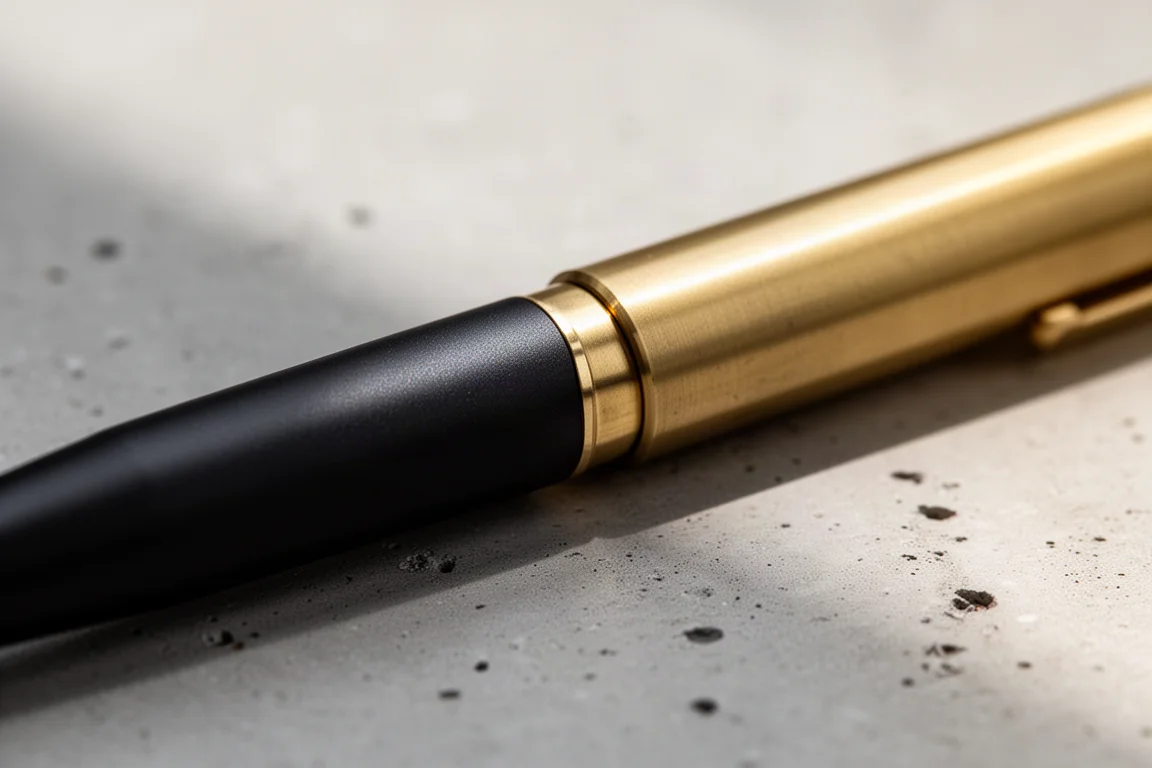 Primer plano de una sección de latón que se une a un depósito de aluminio negro en una pluma minimalista