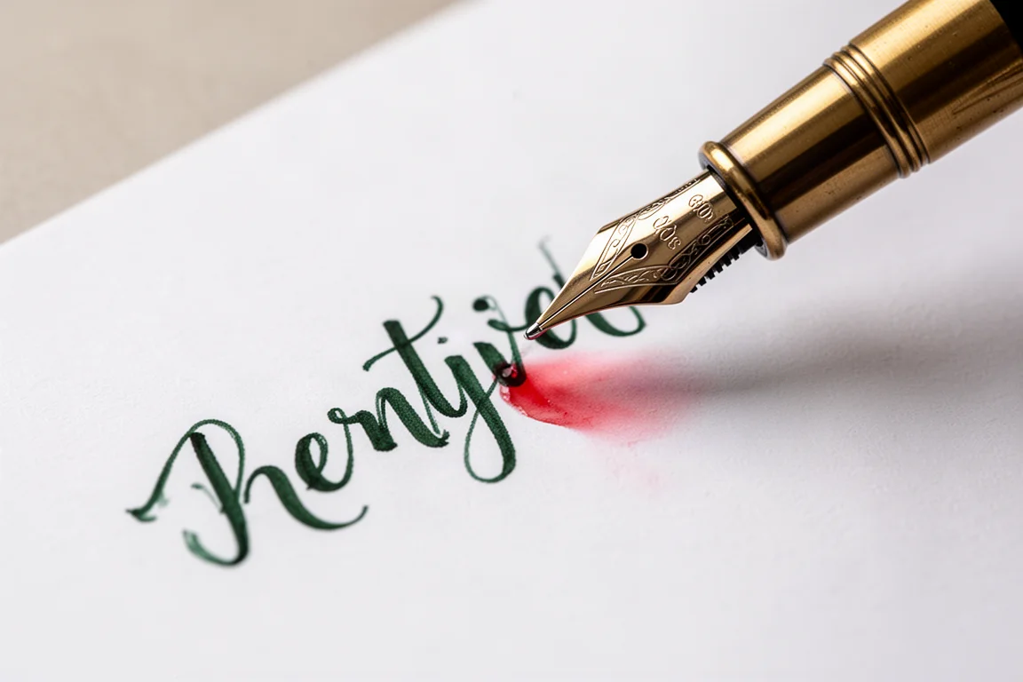 Muestra de escritura en tinta verde oscuro sobre papel blanco con una pluma de agradable tracción