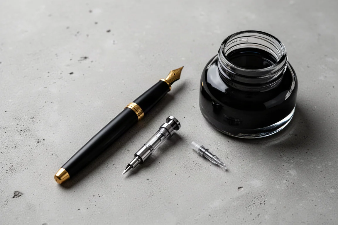 Estilográfica destapada con convertidor junto a un frasco de tinta sobre un escritorio limpio