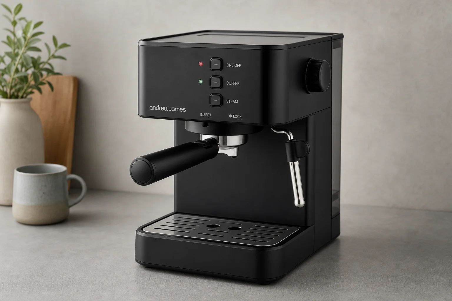 Five budget espresso machines arranged in a row on concrete surface