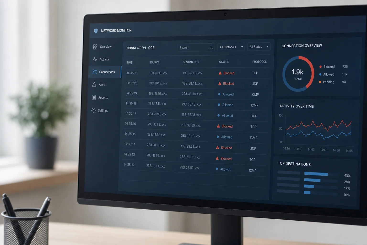 Network monitoring dashboard showing suspicious connection attempts and data traffic