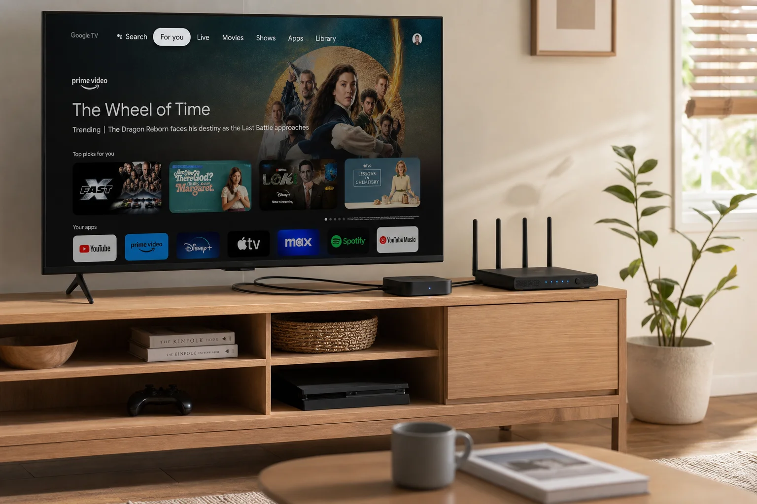 Living room setup with streaming device connected to television and home network router